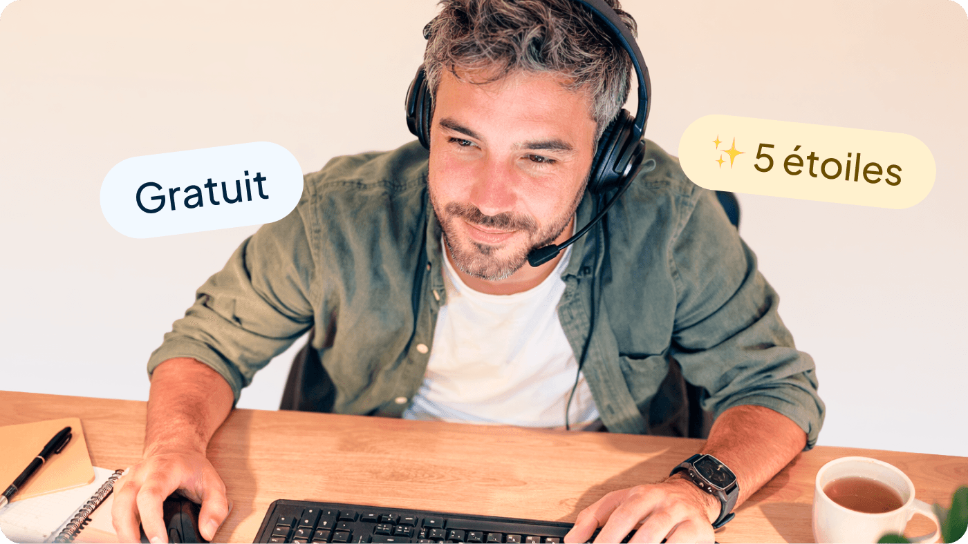 Image version bureau de la page fonctionnalités aide : service d'assistance client gratuit et noté cinq étoiles