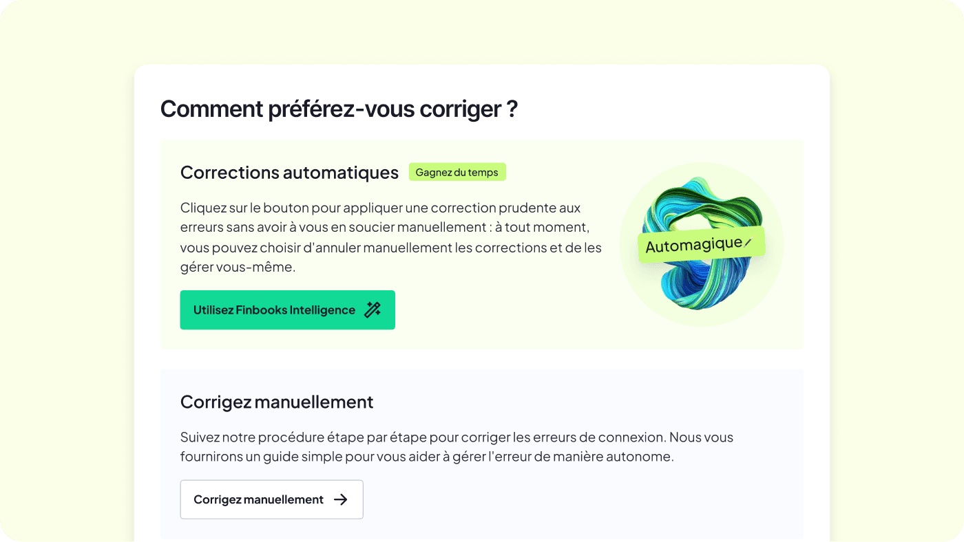 Image version bureau de la page fonctionnalités intelligence : correction intelligente automatique ou manuelle des erreurs comptables avec FinBooks