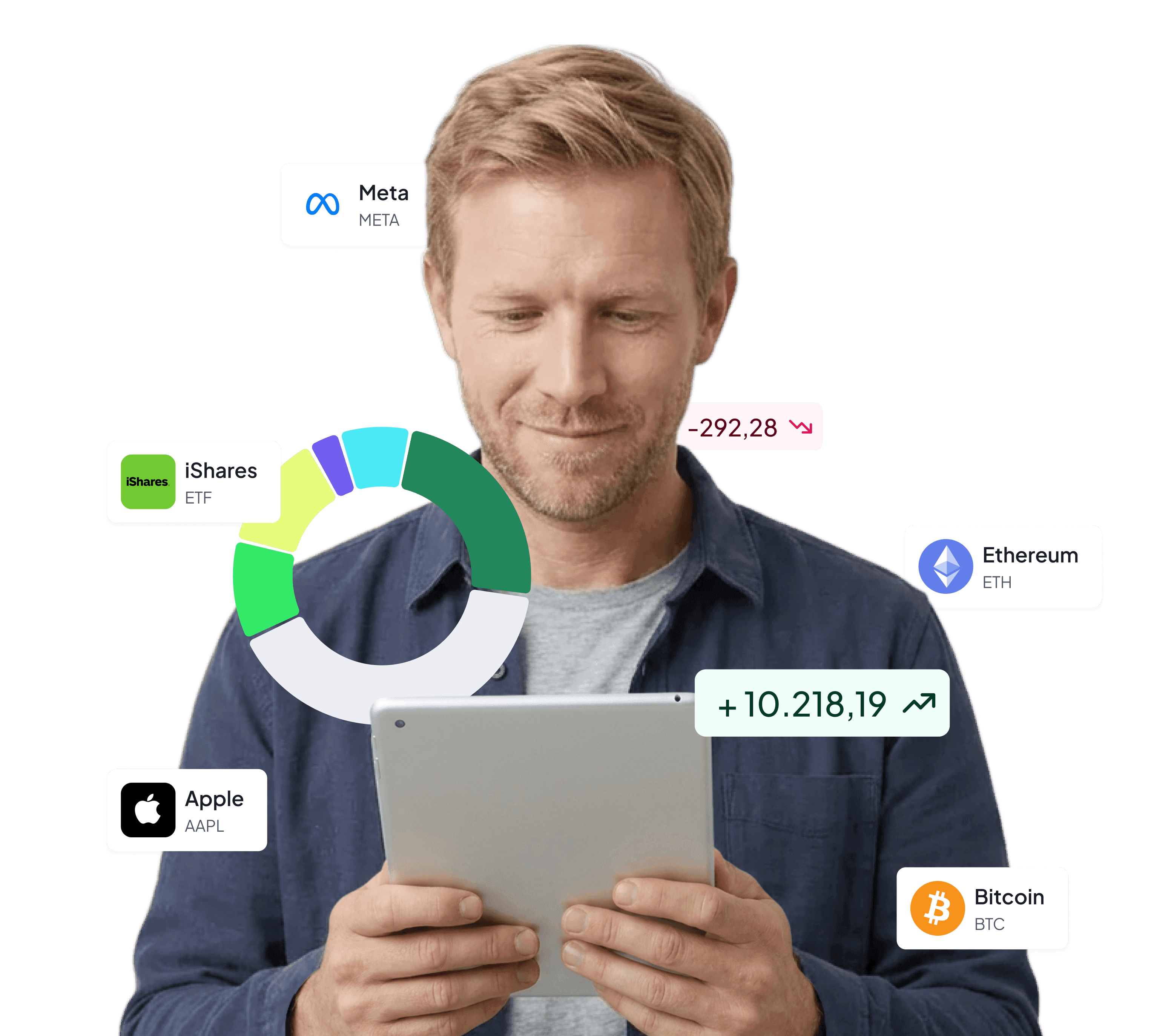 FinBooks hero image (UK): a man holding a tablet, surrounded by floating UI elements – a portfolio donut chart, exchange/asset badges (Binance, Ethereum, Bitcoin, Apple) and a green gain indicator “+10,218.19”