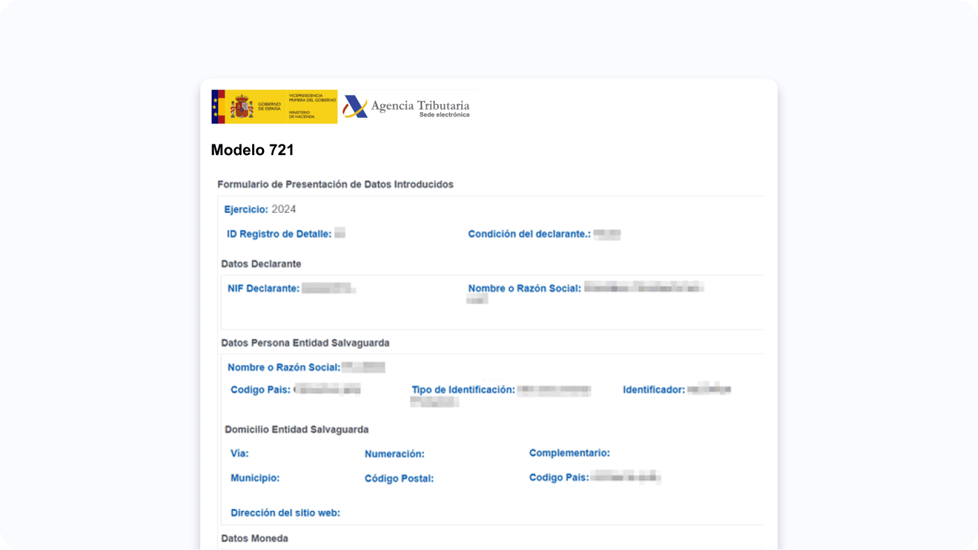 Report Modelo 721 pre-filled