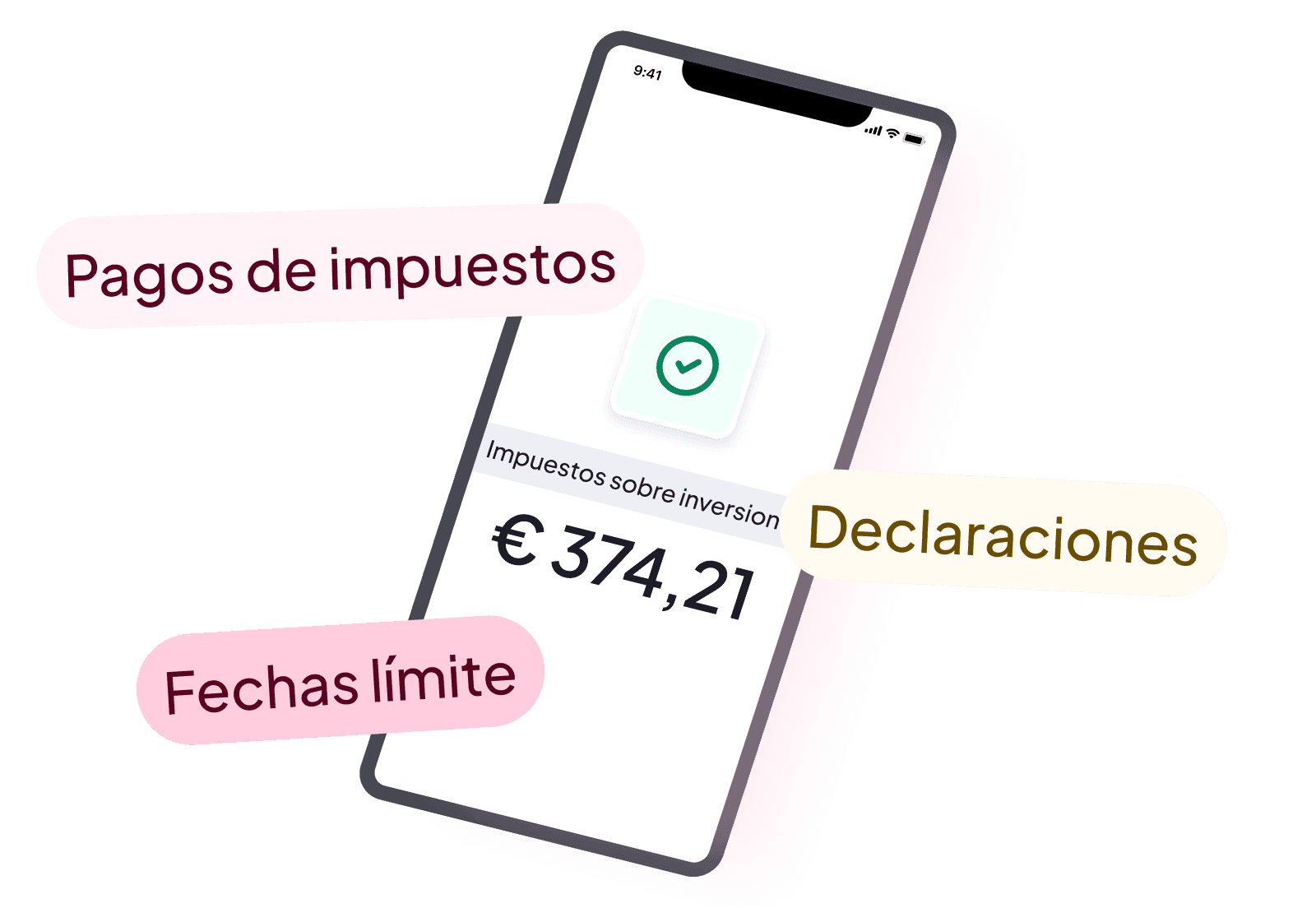 Ilustración Finbooks: smartphone con confirmación de pago de impuestos de 374,21 € y las etiquetas "Pagos de impuestos", "Declaraciones" y "Fechas límite"