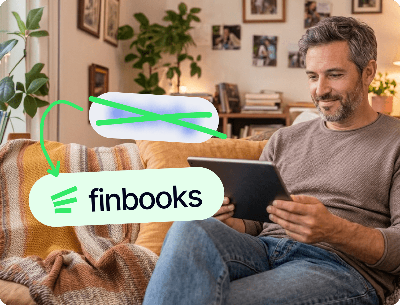 Man using Finbooks on a tablet at home – tablet and mobile hero image