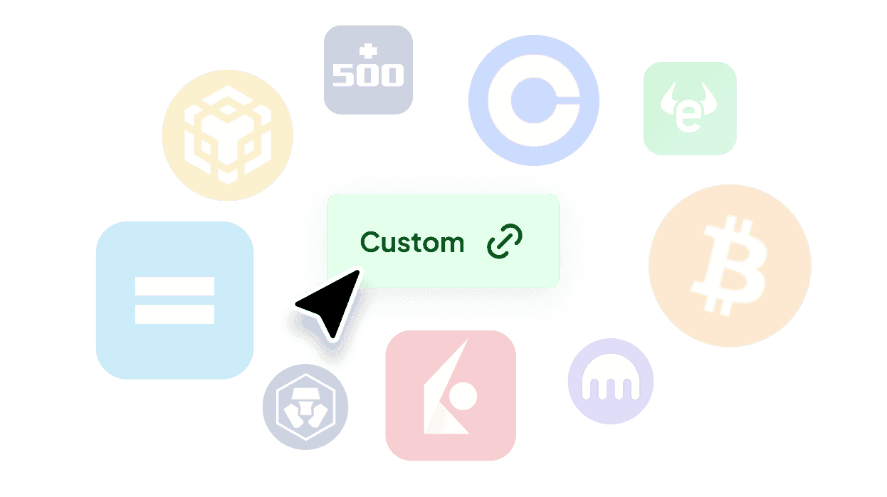Custom integration option with financial platform icons including cryptocurrency, fintech and investment apps with a Custom label