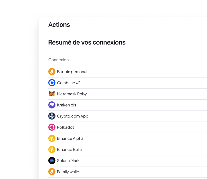 Rapport du portefeuille d'actifs crypto généré par Finbooks : résumé des connexions et liste des cryptomonnaies en portefeuille
