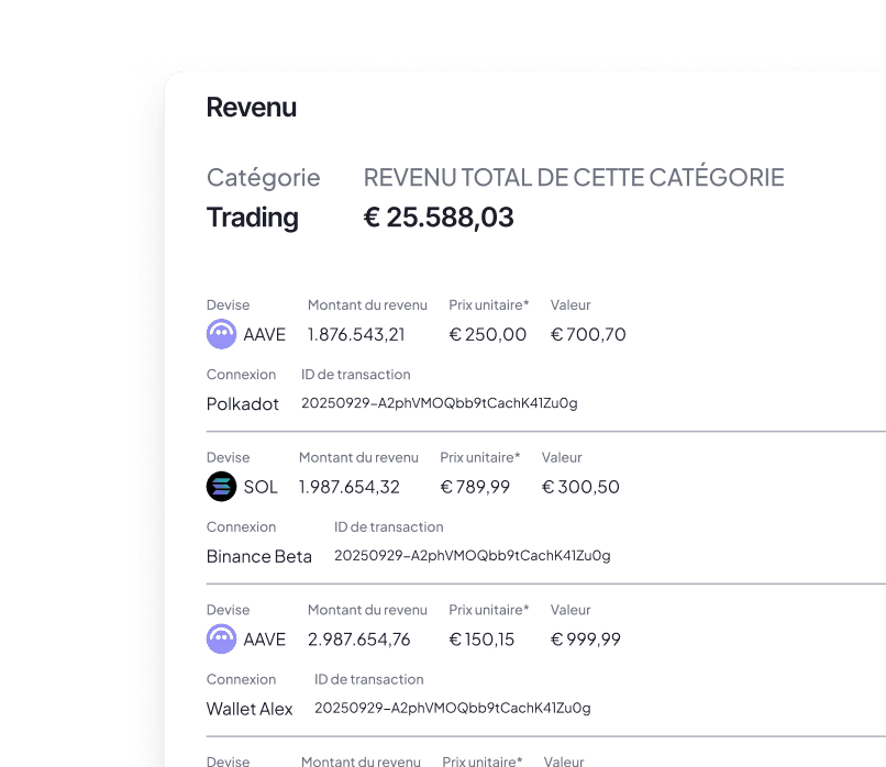 Image de la page rapport : détail des revenus par catégorie avec suivi des gains de trading et investissements via FinBooks