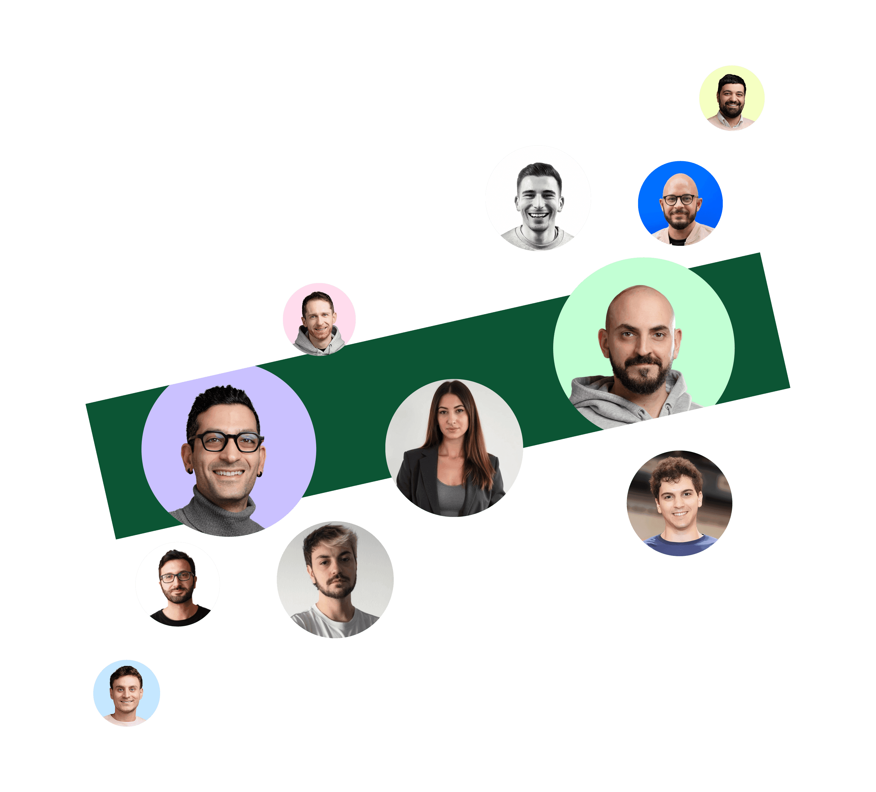 Collage of circular team member portraits arranged on a green diagonal ribbon banner