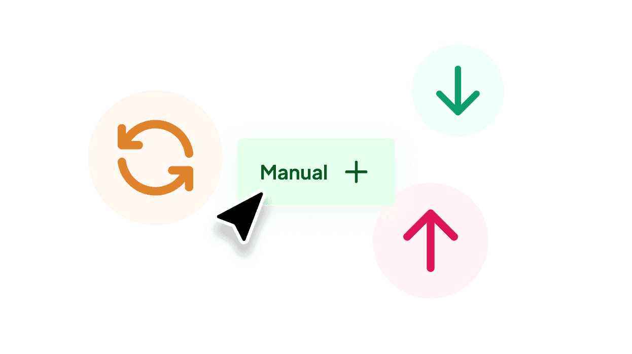 Manual integration icon showing circular sync arrows with upload and download arrow indicators and a Manual plus button label