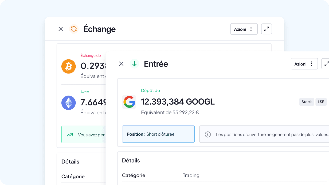 Fonctionnalités du calculateur fiscal Finbooks sur bureau : vue détaillée d'une transaction d'échange de cryptomonnaies