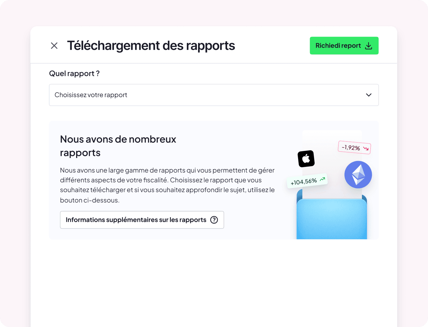 Image pour tablette et mobile de la page fonctionnalités rapport : interface intuitive de téléchargement et gestion des rapports financiers FinBooks