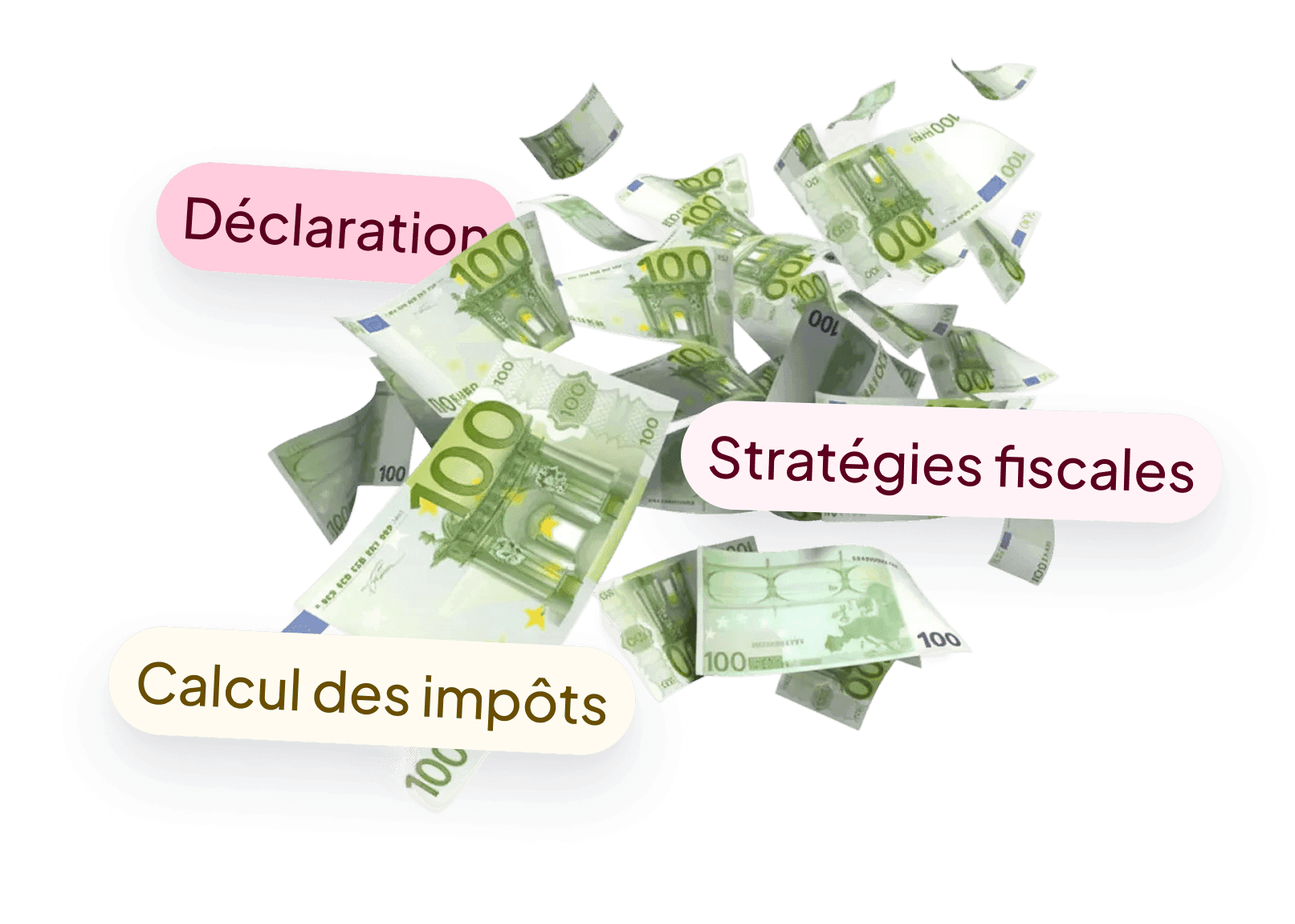 Illustration Finbooks : billets en euros avec les étiquettes Déclarations, Stratégies fiscales et Calcul des impôts