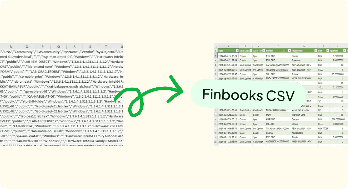Illustration: a raw CSV file turned into a clean transactions table with Finbooks CSV