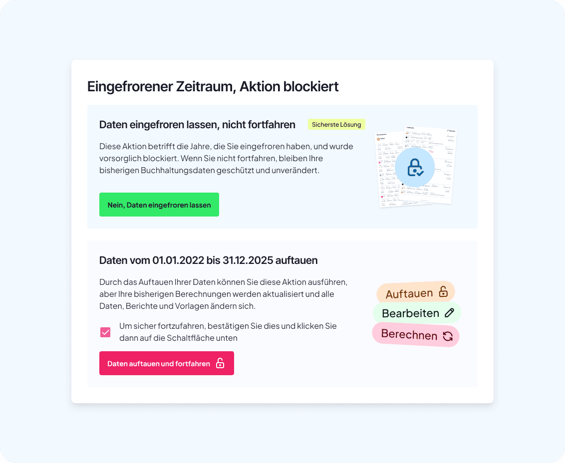 Screenshot der FinBooks-App (DE): Meldung „Eingefrorener Zeitraum, Aktion blockiert“ für den Zeitraum 01.01.2022–31.12.2025, mit Optionen zum Aufheben oder Beibehalten der Sperre
