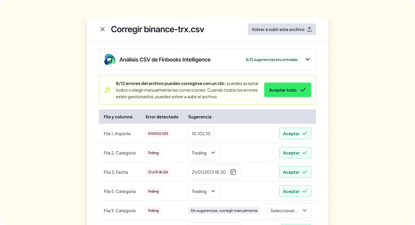 Captura de la app FinBooks (ES): vista de corrección para «binance-trx.csv» con análisis IA (Finbooks Intelligence) y tabla de errores detectados con sugerencias de corrección por transacción