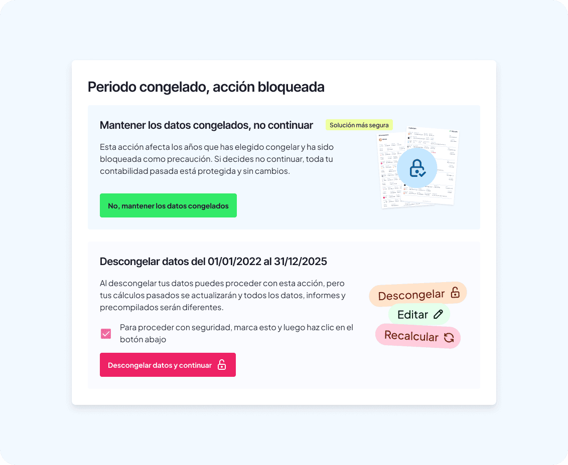 Captura de la app FinBooks (ES): aviso «Período congelado, acción bloqueada» para el rango 01/01/2022–31/12/2025, con opciones para descongelar o mantener los datos congelados