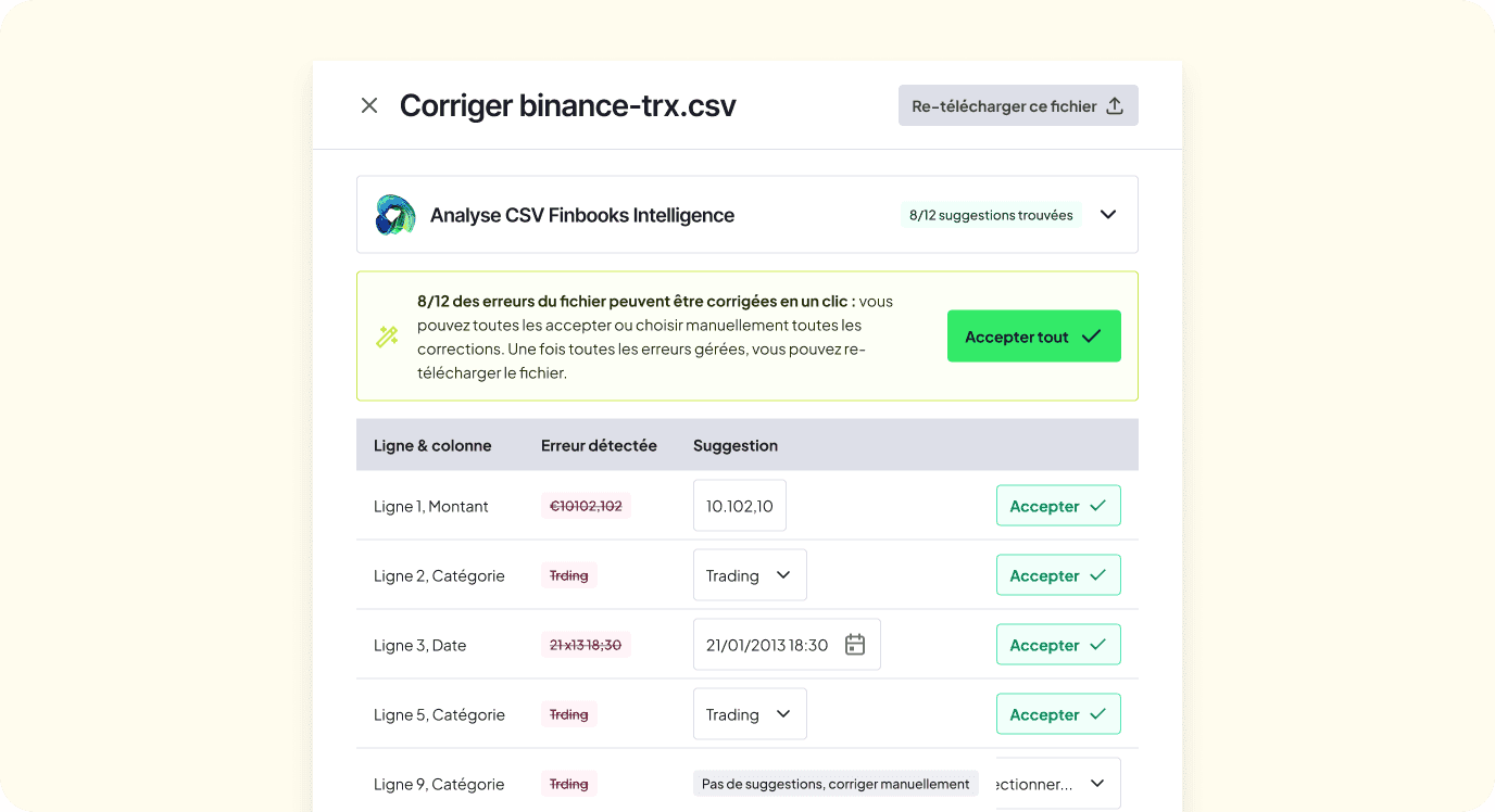 Capture d'écran de l'app FinBooks (FR) : vue de correction pour « binance-trx.csv » avec analyse IA (Finbooks Intelligence) et tableau des erreurs détectées avec suggestions de correction par transaction