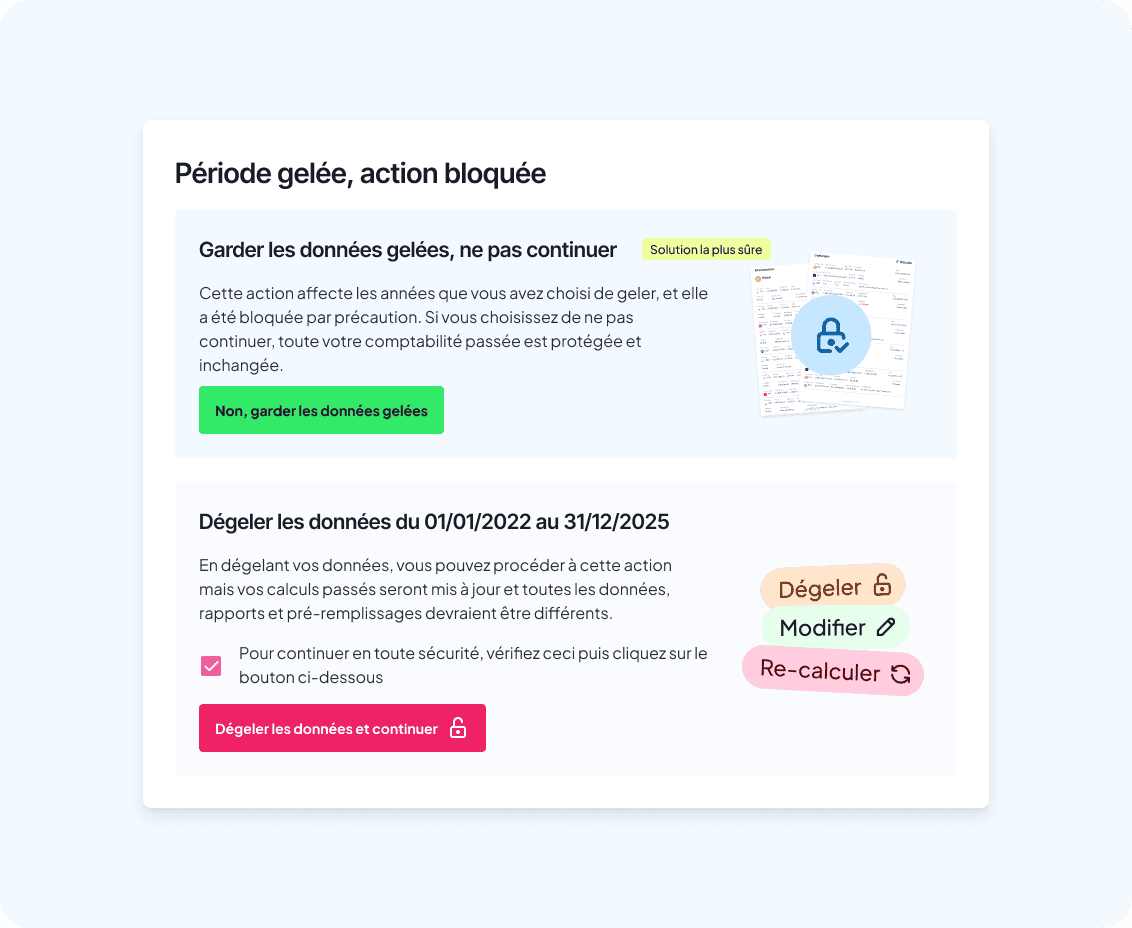 Capture d'écran de l'app FinBooks (FR) : alerte « Période gelée, action bloquée » pour la période 01/01/2022–31/12/2025, avec options pour dégeler ou garder les données gelées