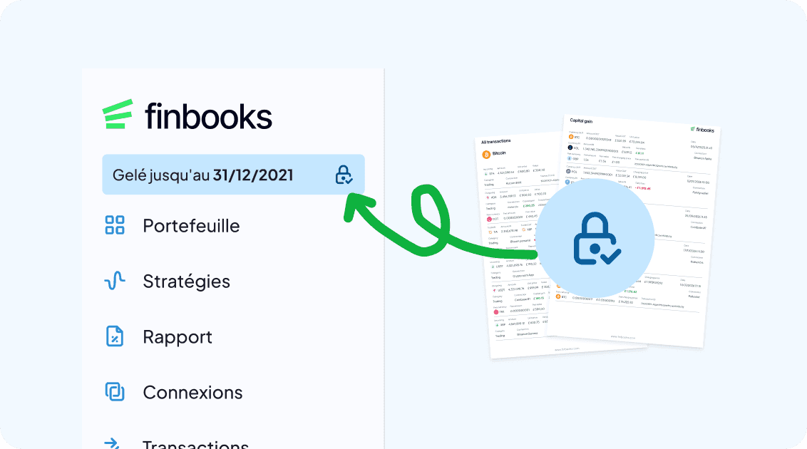 Capture d'écran de l'app FinBooks (FR) : barre latérale avec l'indication « Gelé jusqu'au 31/12/2021 » et un cadenas au-dessus de documents, signalant les sections bloquées (Portefeuille, Stratégies, Rapport, Connexions)