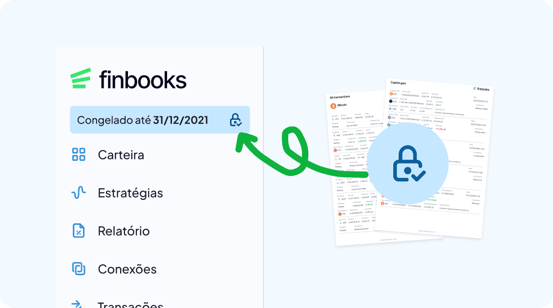 Captura da app FinBooks (PT): barra lateral com o aviso «Congelado até 31/12/2021» e um cadeado sobre documentos, indicando as secções bloqueadas (Carteira, Estratégias, Relatório, Conexões)