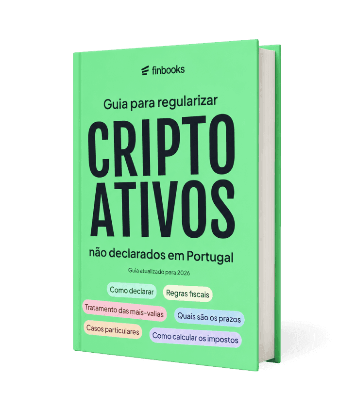 Mockup 3D do eBook Finbooks "Guia para regularizar Cripto Ativos não declarados em Portugal", capa verde com etiquetas sobre temas fiscais