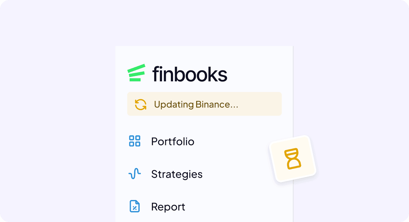FinBooks app screenshot (EN): sidebar showing “Updating Binance…” notice with hourglass icon, menu items Portfolio, Strategies and Report