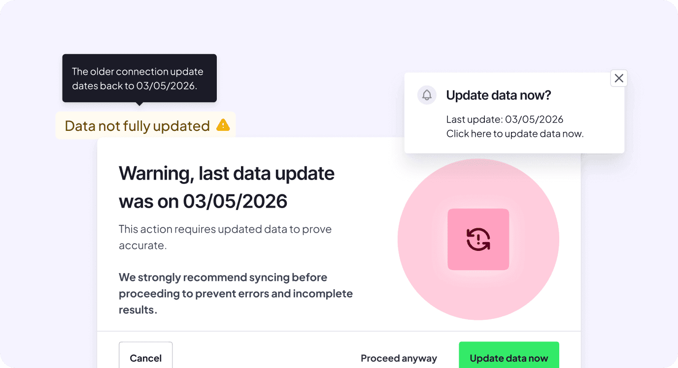 FinBooks app screenshot (EN): “Data not fully updated” warning, last update on 03/05/2026, prompting the user to sync with buttons “Cancel”, “Proceed anyway” and “Update data now”