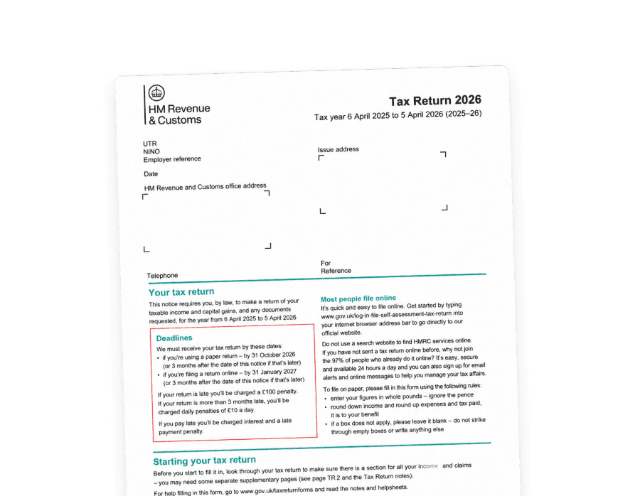 Mockup of a pre-filled HM Revenue & Customs Tax Return 2026 document.