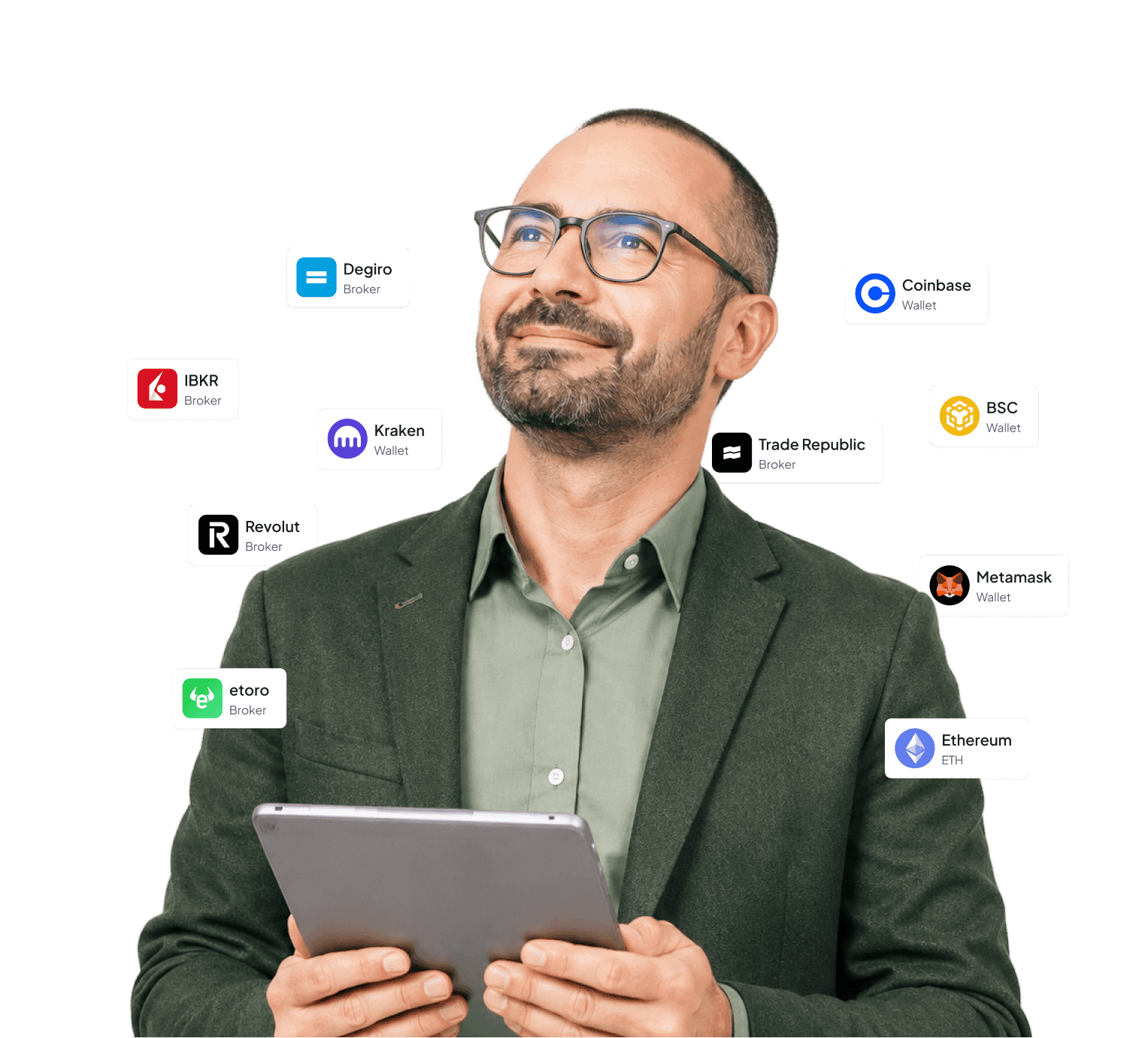 Uomo con tablet in mano circondato da piccole icone di connessioni e servizi finanziari, immagine hero B2B.