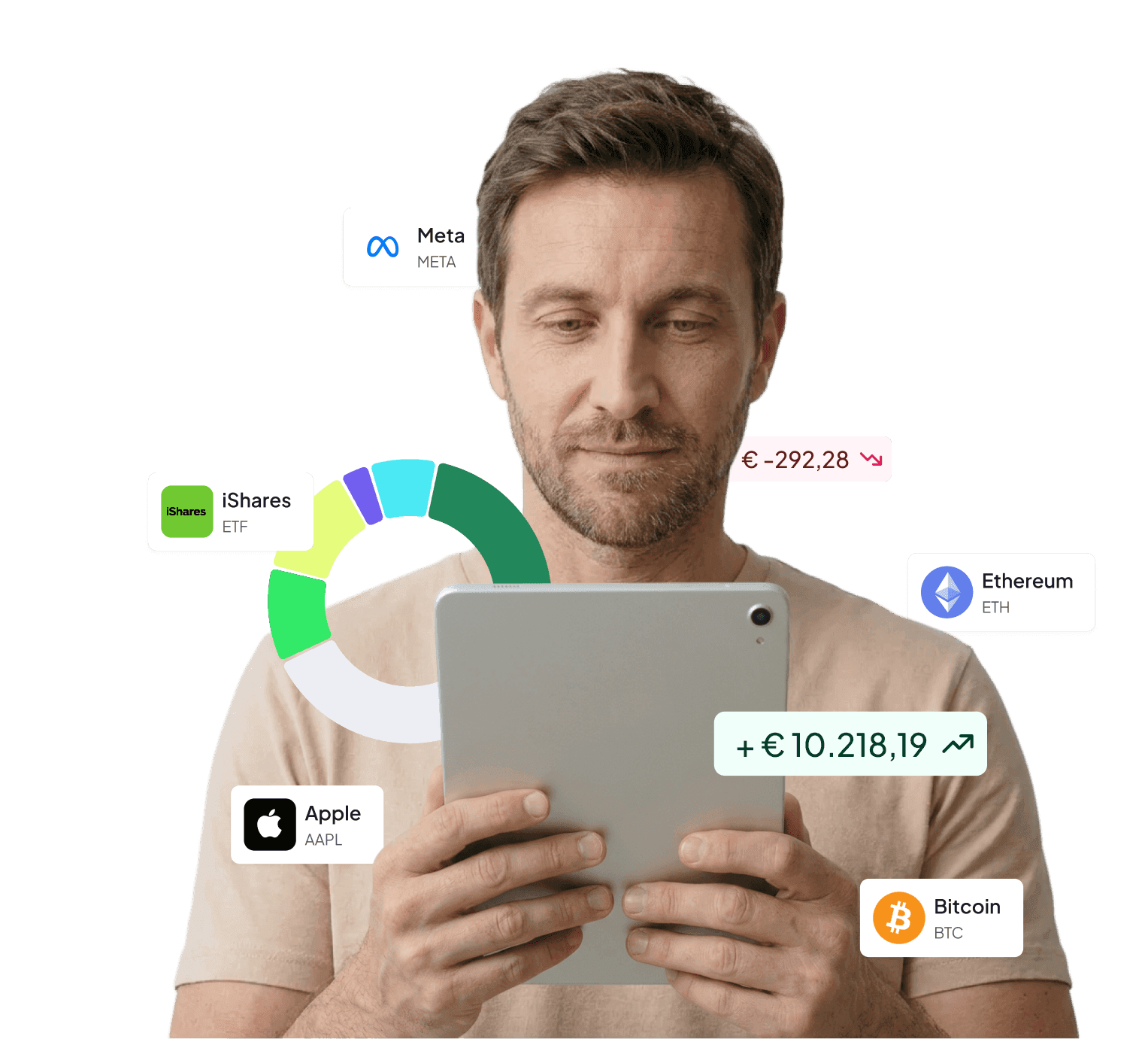 Uomo con tablet in mano, circondato da icone di diverse piattaforme finanziarie e crypto e da un importo in euro.