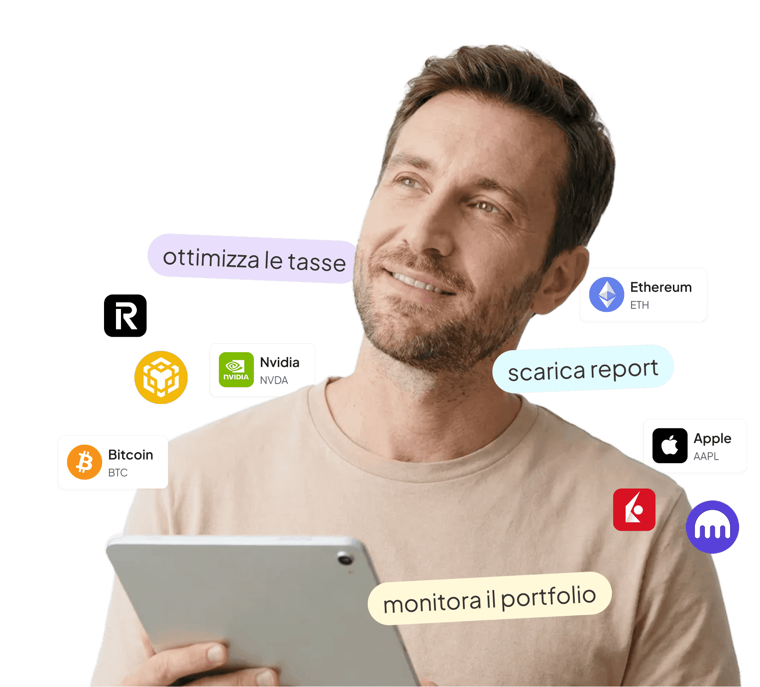 Uomo con tablet in mano, circondato dalle etichette Finbooks „ottimizza le tasse“, „scarica report“ e „monitora il portfolio“ e da icone di piattaforme.