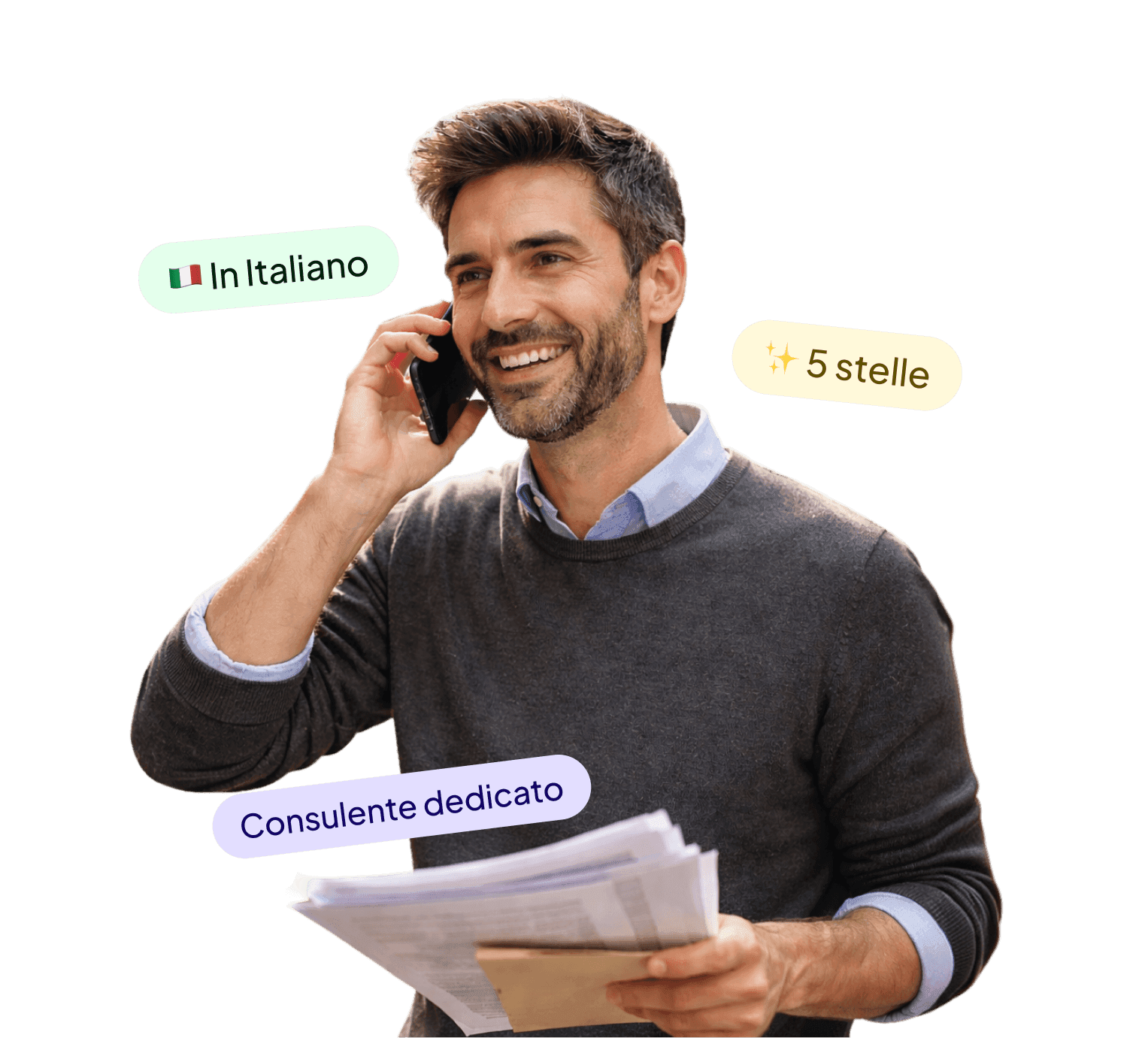 Uomo al telefono con documenti in mano, con etichette "In Italiano", "5 stelle" e "Consulente dedicato".