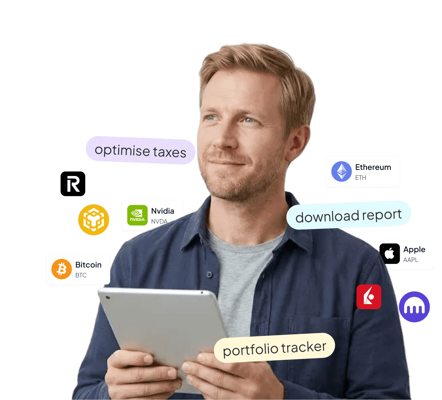 Desktop hero image of a man holding a tablet with floating labels for optimise taxes, download report and portfolio tracker.