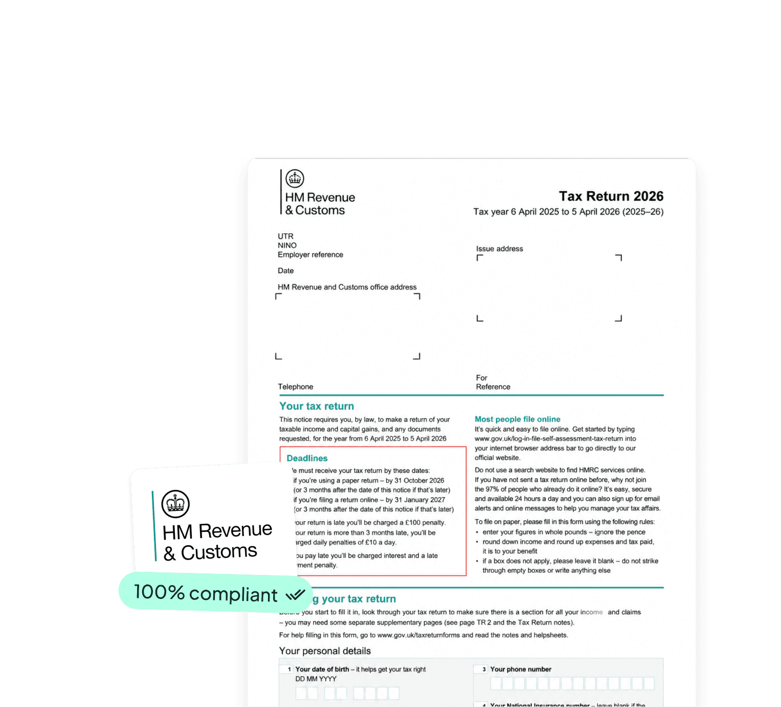 Desktop hero mockup of a HM Revenue & Customs Tax Return 2026 document with a 100% compliant badge.