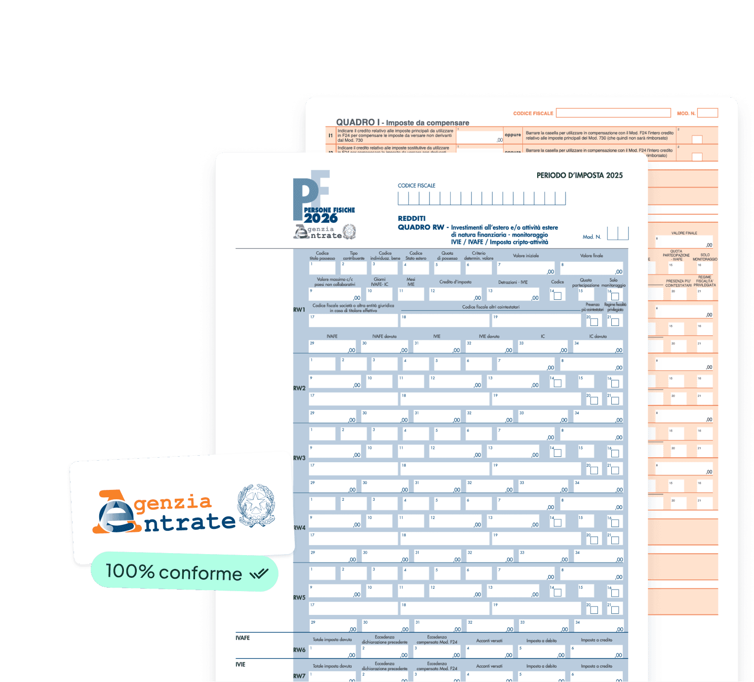 Modulo di dichiarazione dei redditi italiano con logo Agenzia delle Entrate e badge "100% conforme".