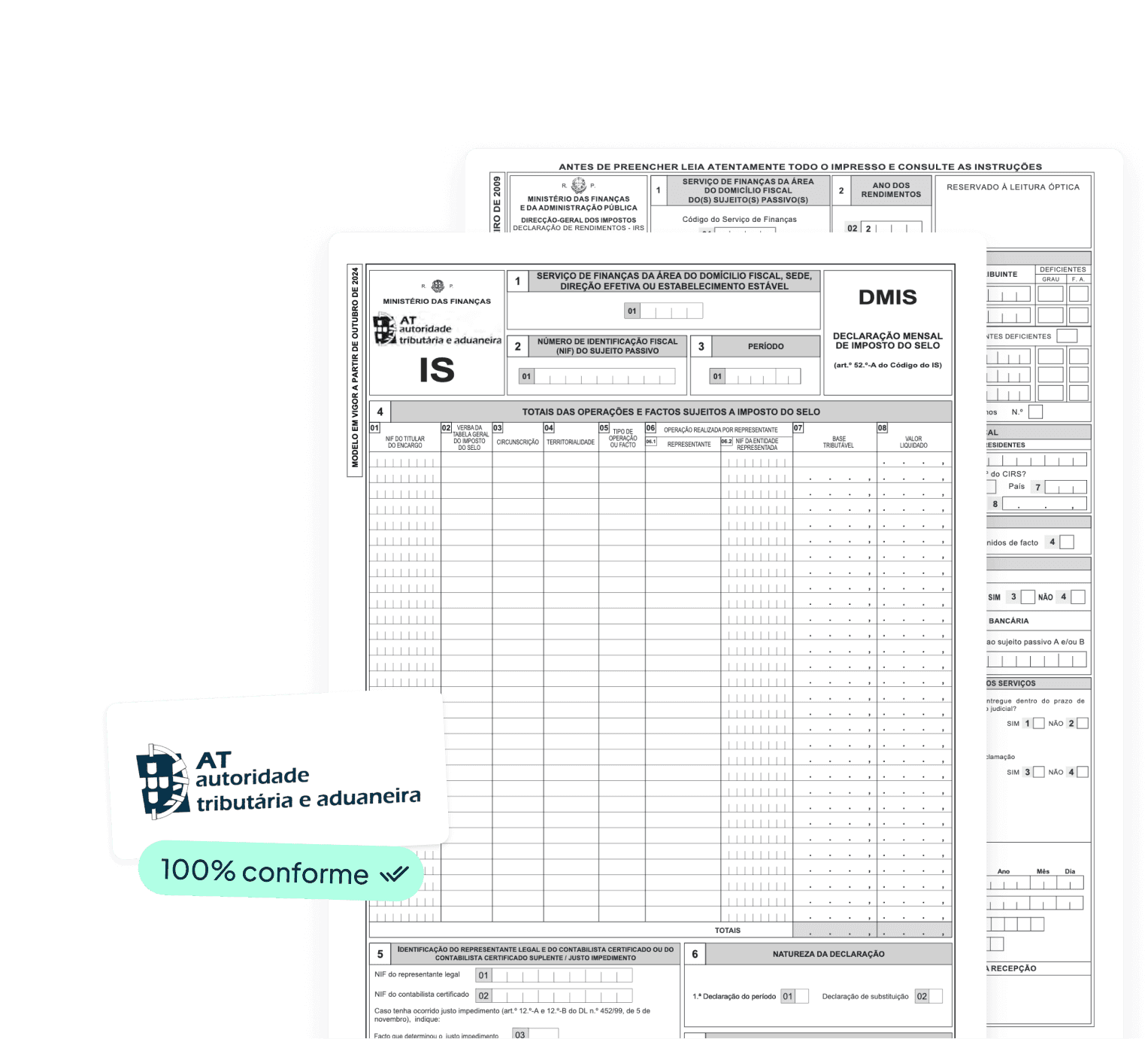 Ilustração Finbooks: formulários fiscais sobrepostos com o selo "AT Autoridade Tributária e Aduaneira" e "100% conforme", versão desktop