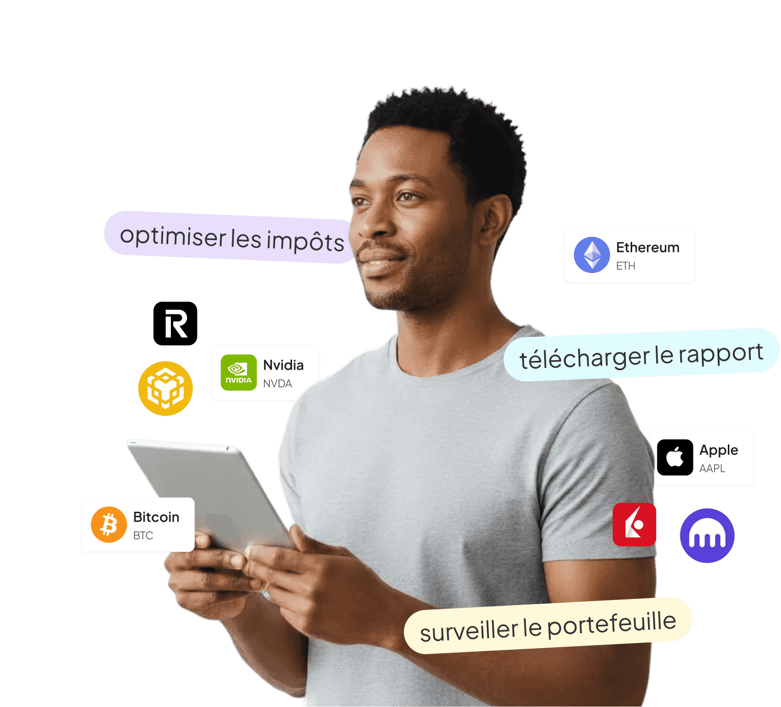 Homme tenant une tablette entouré d'icônes crypto et étiquettes Finbooks "optimiser les impôts", "télécharger le rapport" et "surveiller le portefeuille", version tablette-bureau