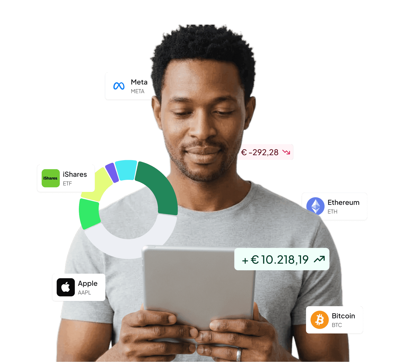 Homme consultant des données financières sur une tablette avec graphiques et cours de cryptomonnaies