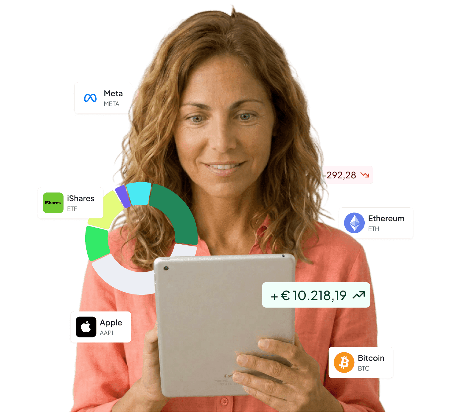 Ilustración Finbooks: mujer sosteniendo una tablet rodeada de iconos de activos Meta, iShares ETF, Apple, Bitcoin y Ethereum, un gráfico circular de cartera y la etiqueta +€10.218,19, versión escritorio