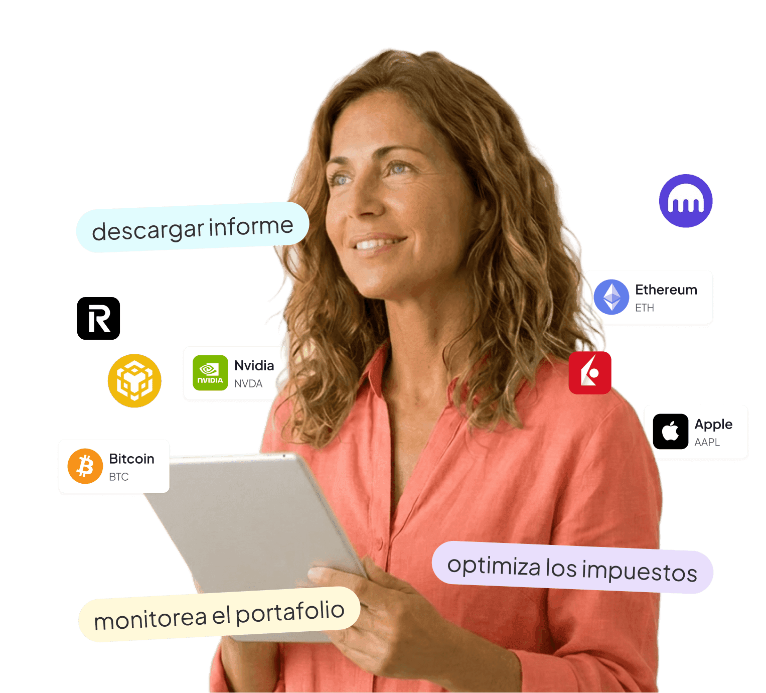 Ilustración Finbooks: mujer con portátil rodeada de las etiquetas descargar informe, monitorea el portafolio y optimiza los impuestos, con iconos de conexiones, versión escritorio