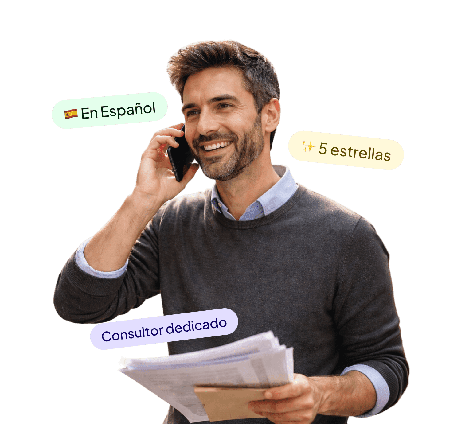 Ilustración Finbooks: hombre al teléfono sosteniendo un documento, con las etiquetas En Español, 5 estrellas y Consultor dedicado, versión escritorio