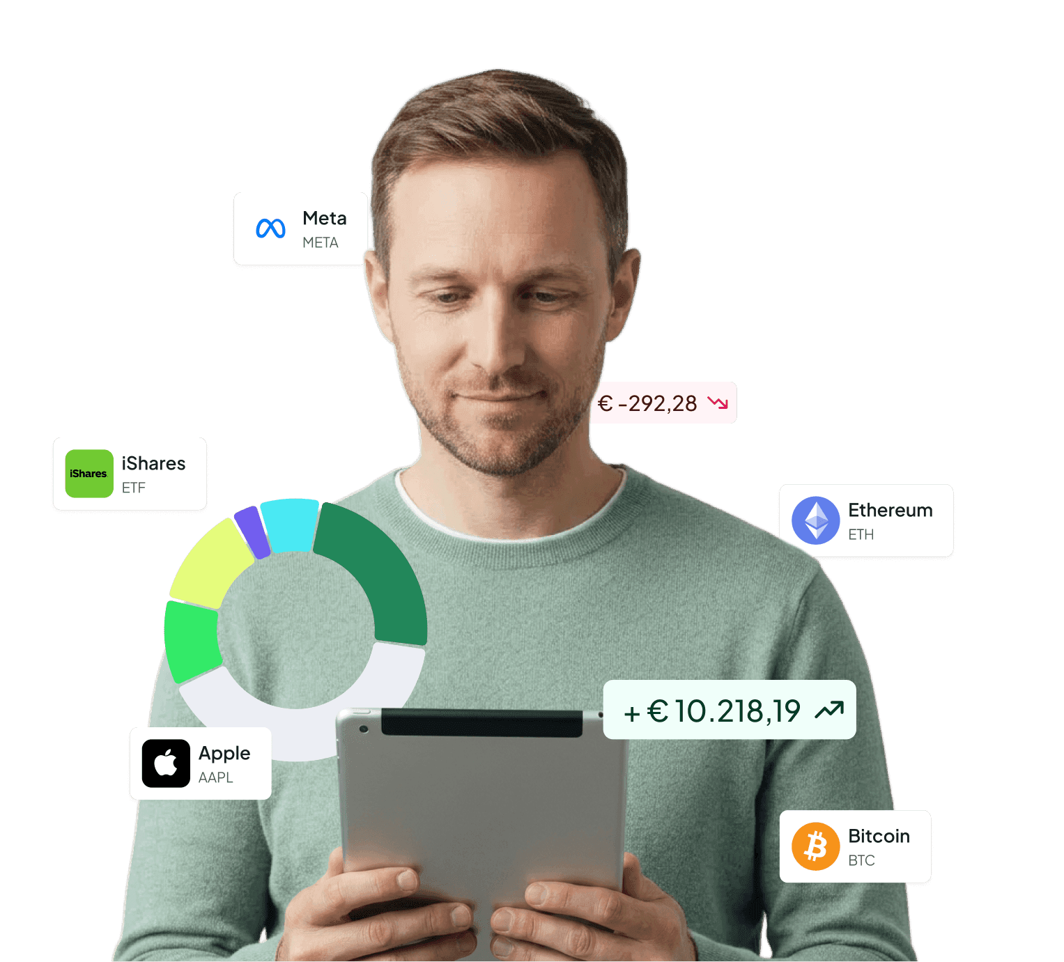 Mann mit Tablet, umgeben von Icons verschiedener Finanz- und Krypto-Plattformen und einem Eurobetrag.