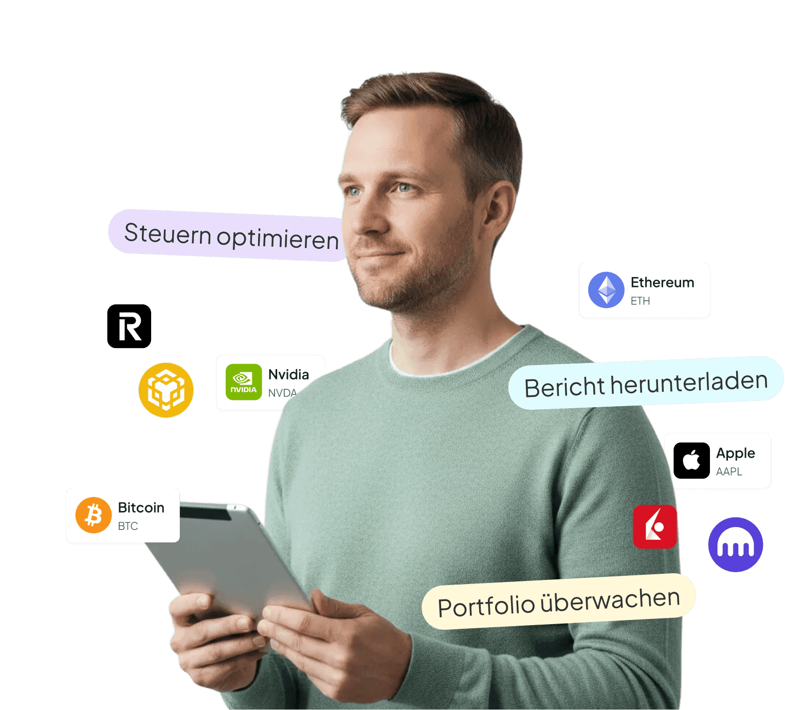 Mann mit Tablet, umgeben von Finbooks-Labels „Steuern optimieren", „Bericht herunterladen" und „Portfolio überwachen".