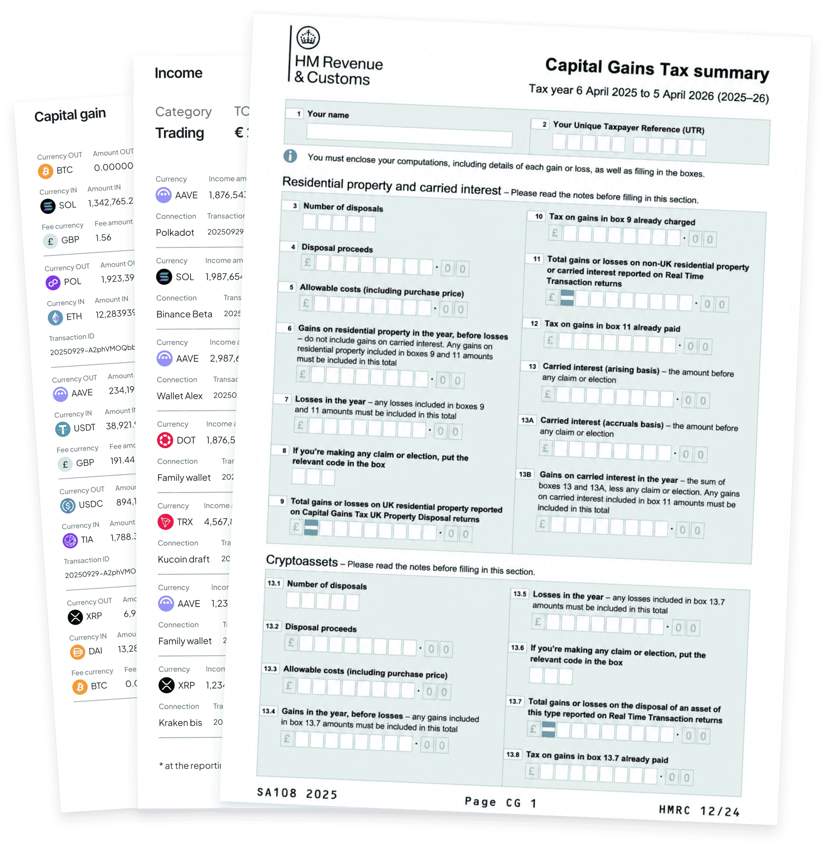 Crypto investment tax documents: a crypto capital gains report, income summary, and UK HMRC Capital Gains Tax form for 2025–26.
